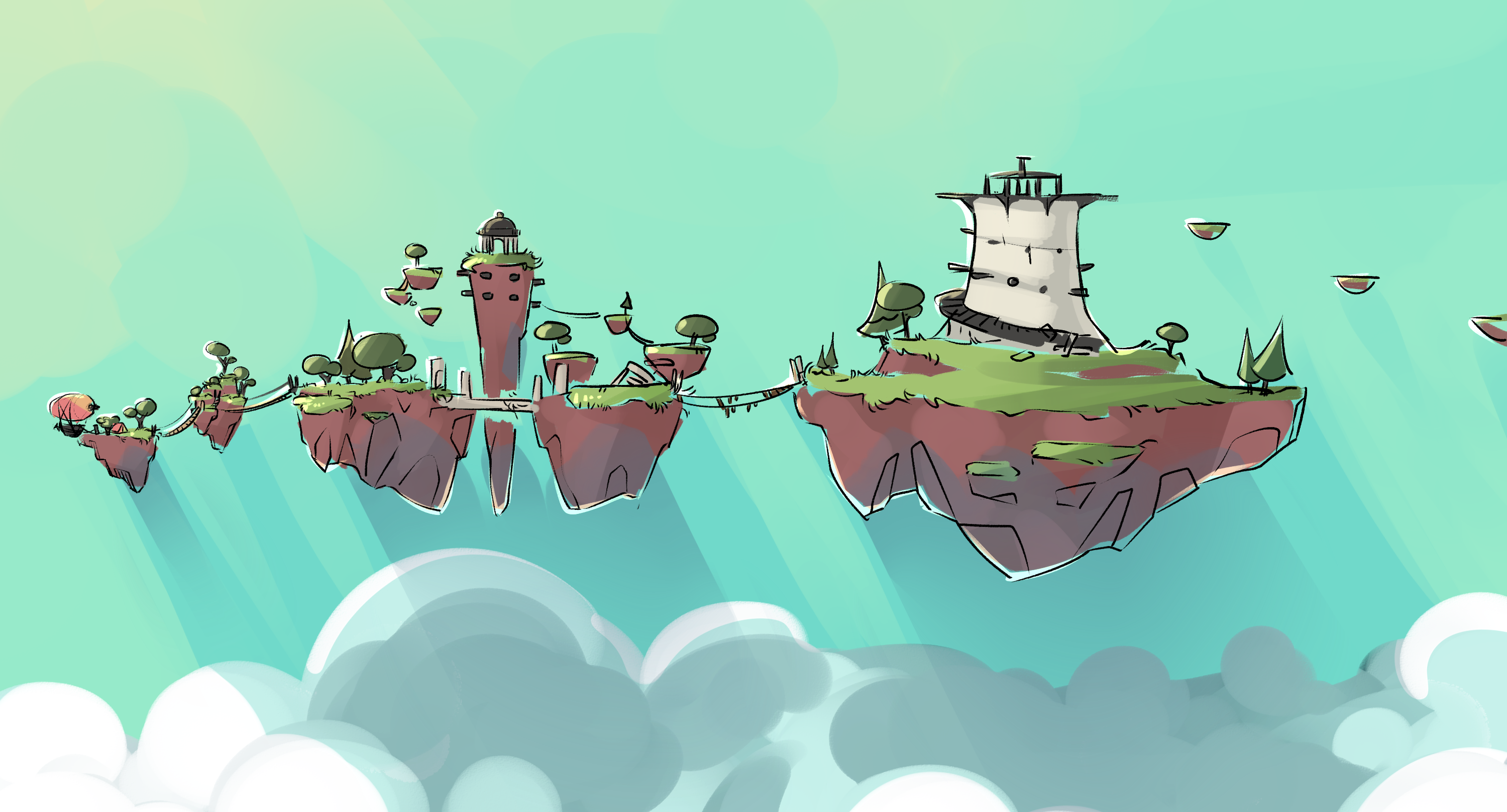 Early Concept Art of the Floating Archipelago. Somewhere high above the clouds, islands of all shapes and sizes are waiting to be explored.