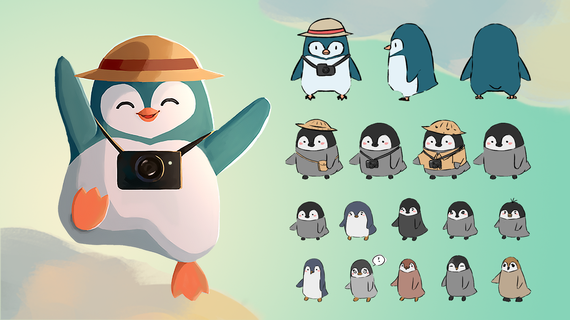 Doodles of Bokki, the penguin! You are never fully dressed without a smile... and a camera!