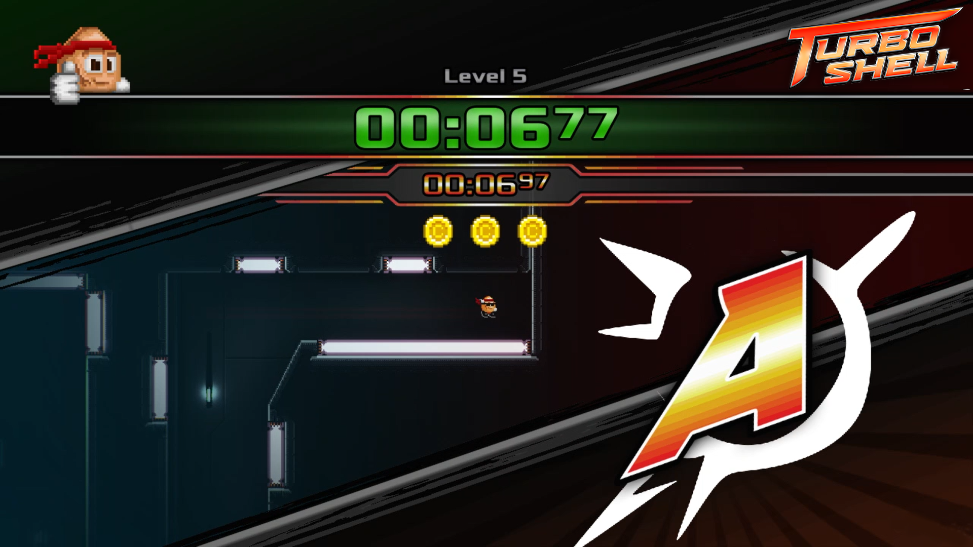 Since Turbo Shell is all about speed, the player can instantly see their playtime per level in the endscreen